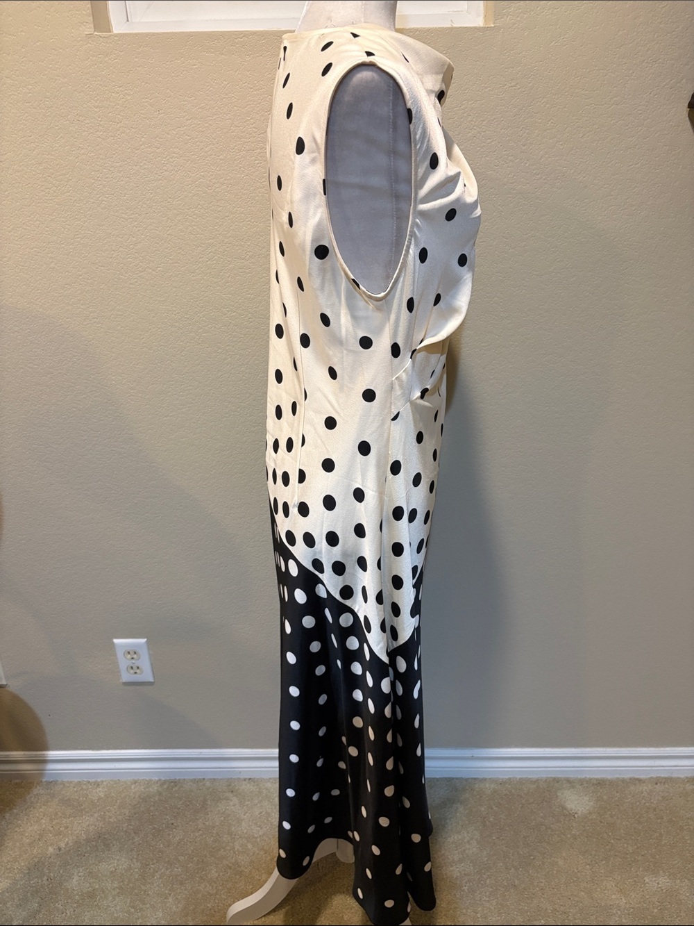 Halston Heritage Black and Cream Polka Dot Draped Midi Dress-Size 12 - Picture 4 of 12